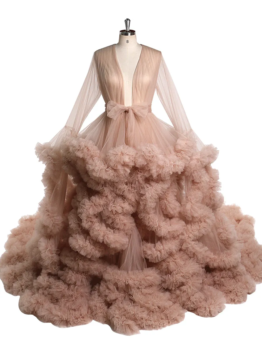 1M Train Cloud Ruffles Wedding Dress Long Sleeves Maternity Gowns for Photoshoot YEWEN YW220809