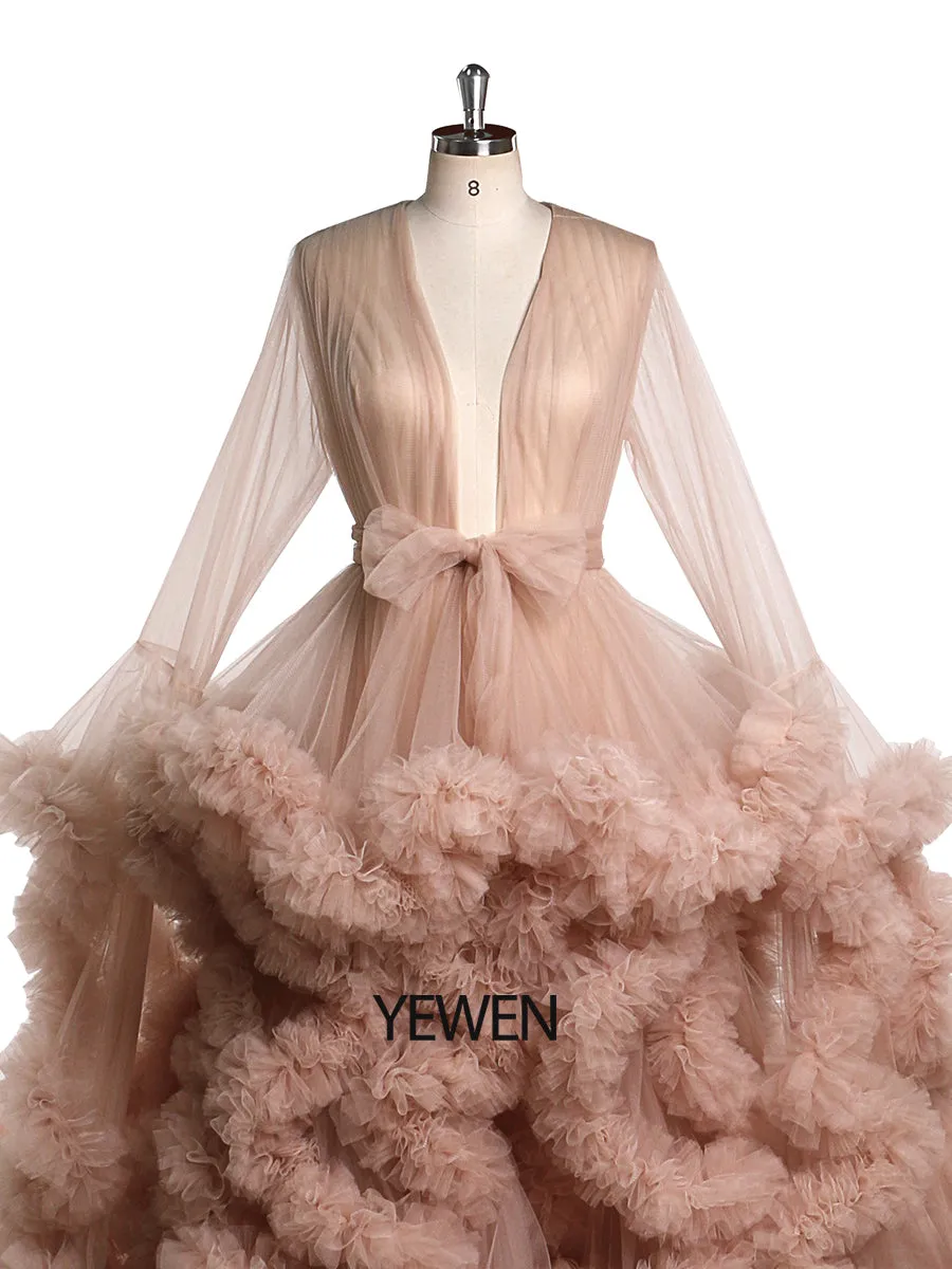 1M Train Cloud Ruffles Wedding Dress Long Sleeves Maternity Gowns for Photoshoot YEWEN YW220809
