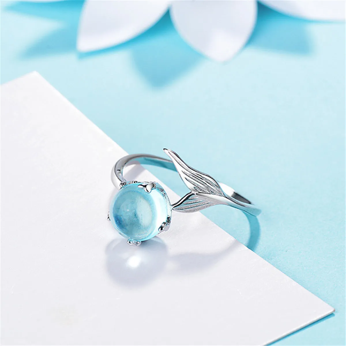 Blue Crystal & Silver-Plated Fishtail Bypass Ring