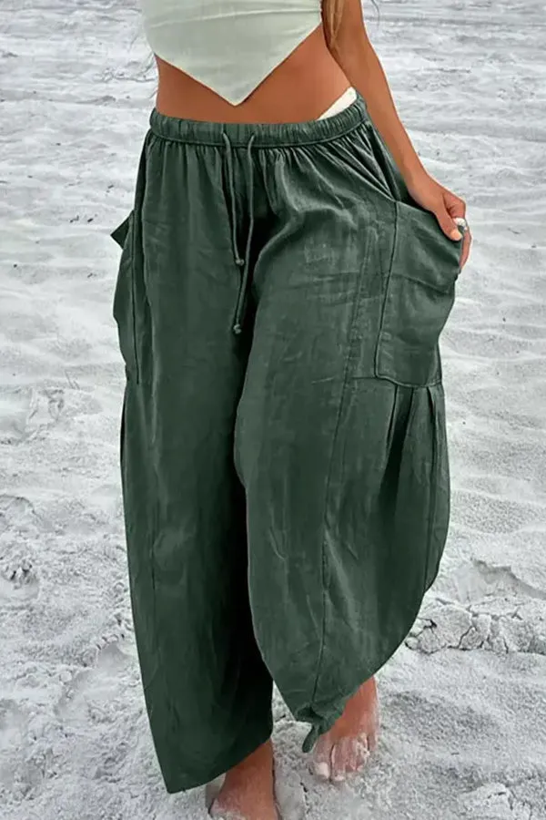 Elastic-waist Pleated Wide-leg Loose Cotton Linen Trousers