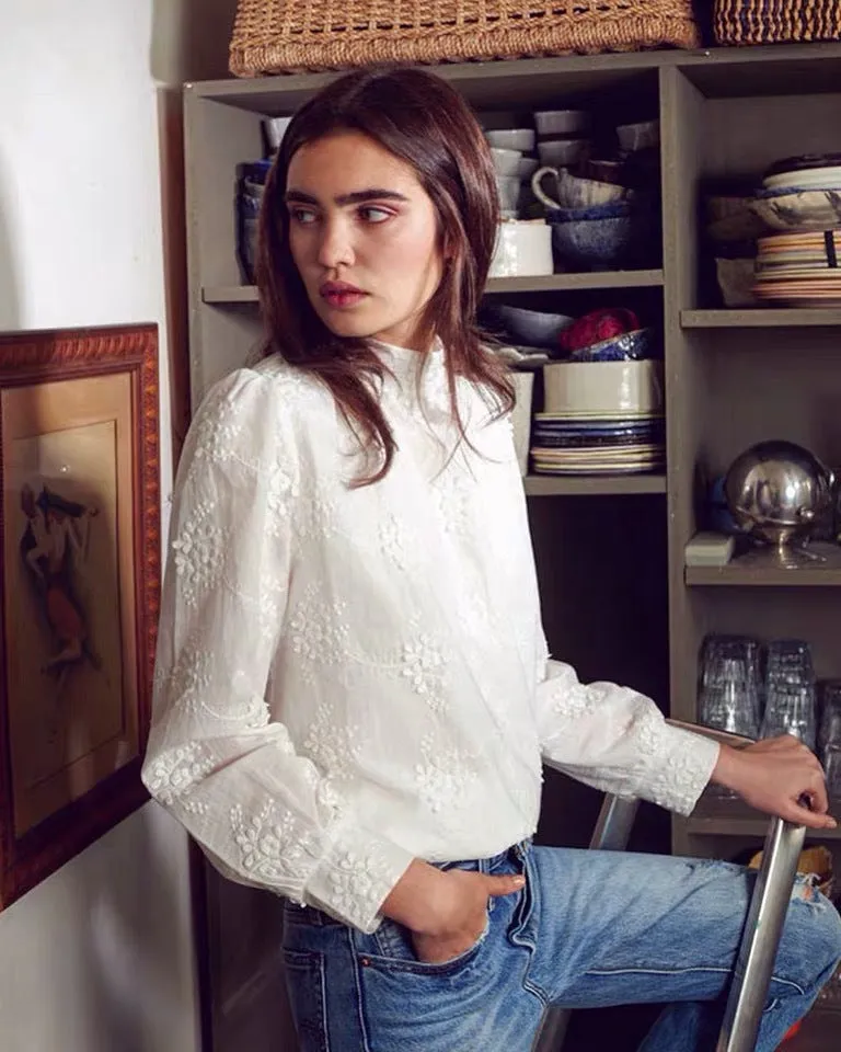 Embroidered Daisy Design Back Hollow Bubble Sleeve Stand Collar Shirt  
