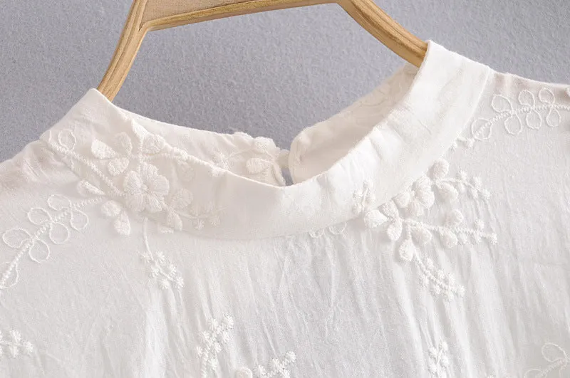 Embroidered Daisy Design Back Hollow Bubble Sleeve Stand Collar Shirt  