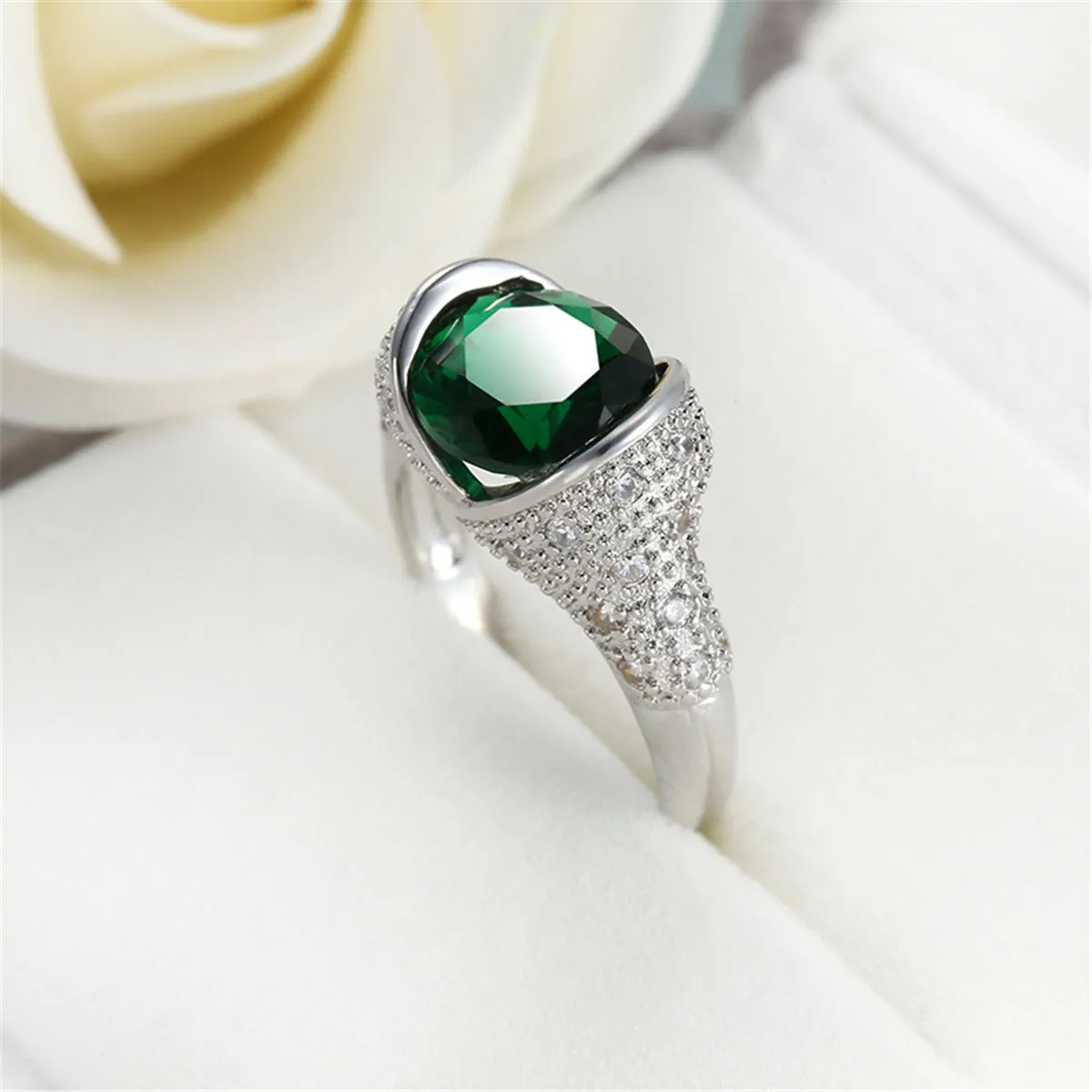 Green Crystal & Silver-Plated Bezel Ring