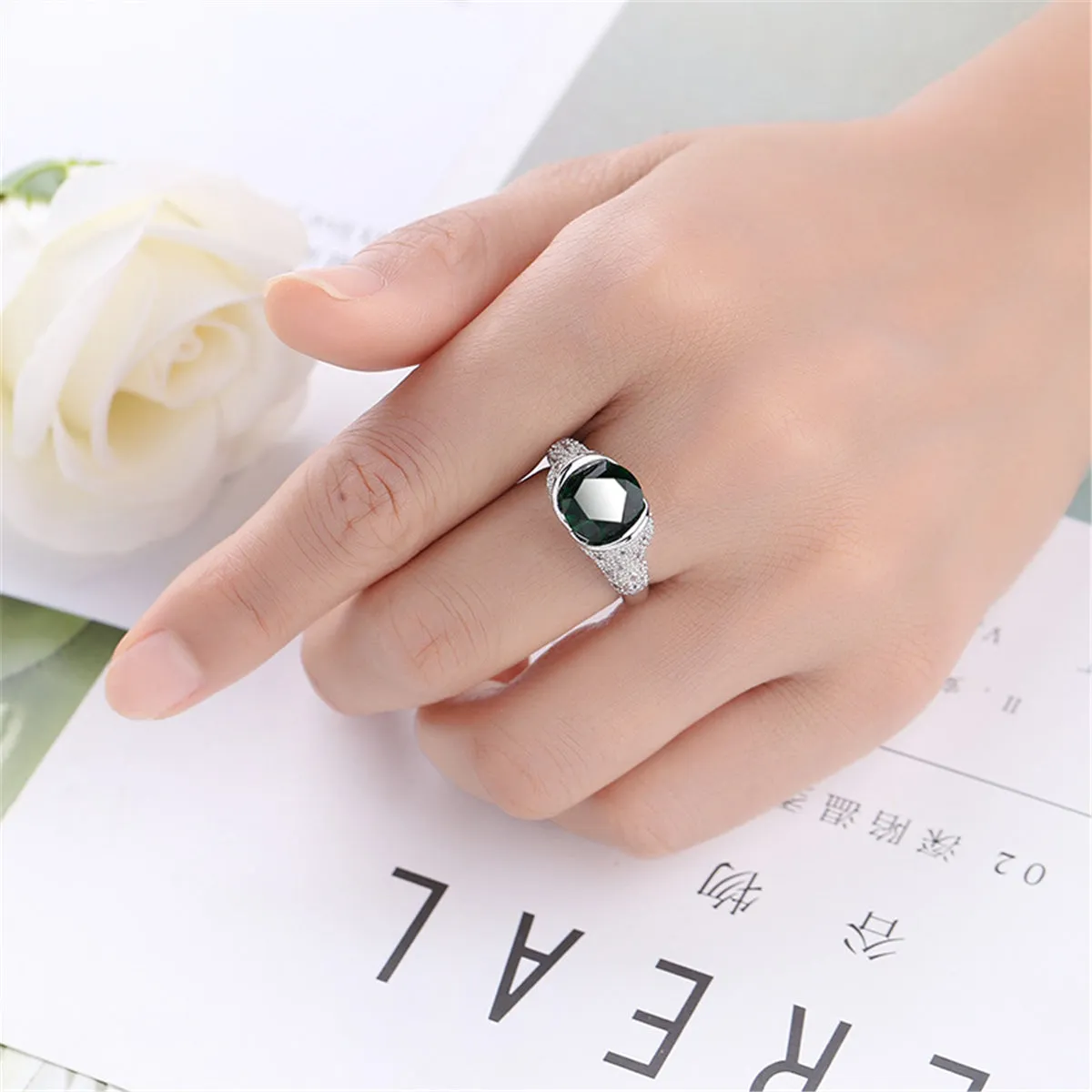 Green Crystal & Silver-Plated Bezel Ring