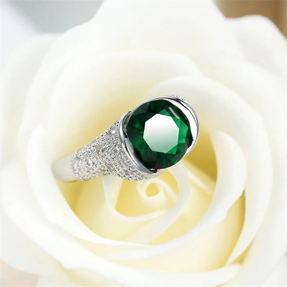 Green Crystal & Silver-Plated Bezel Ring