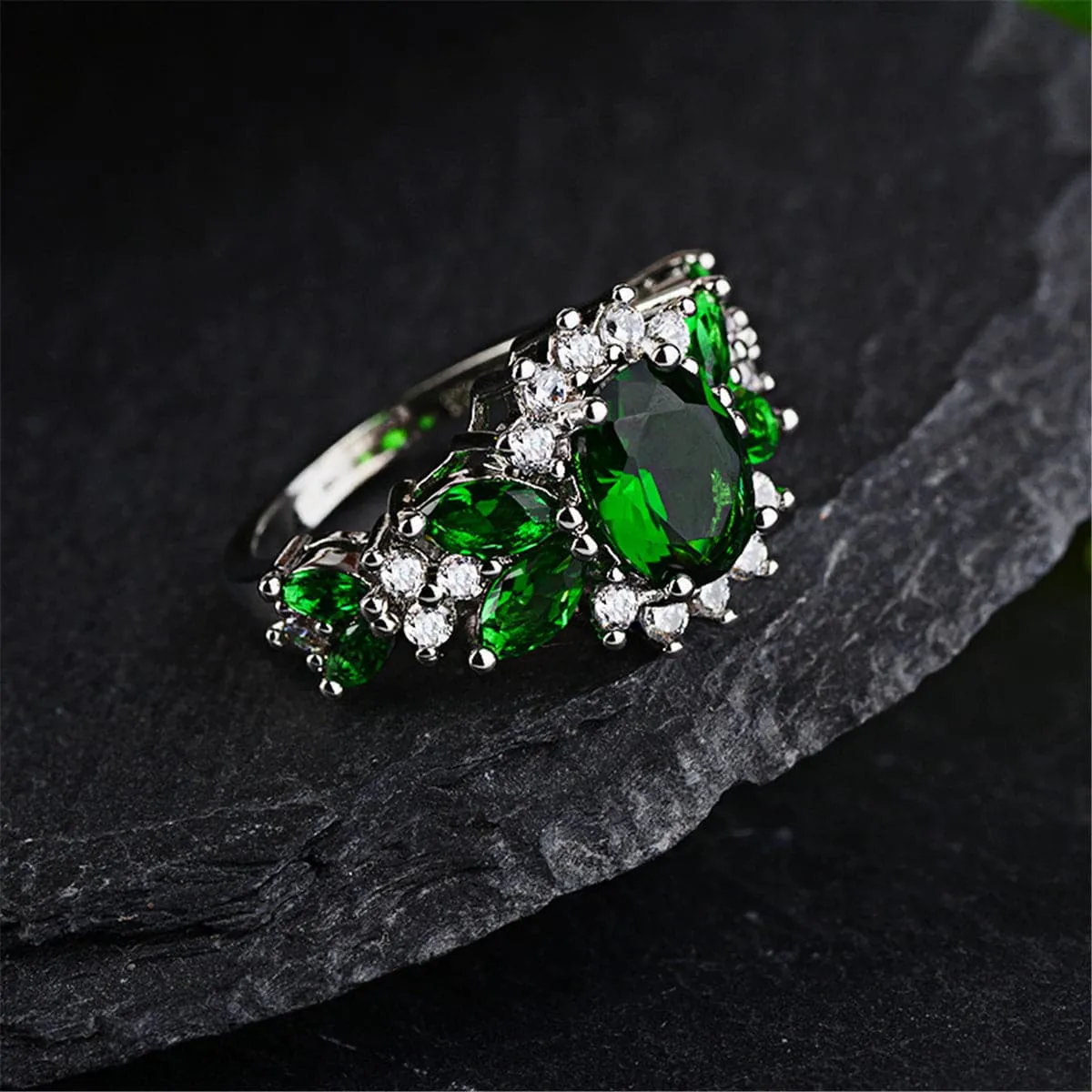 Green Cubic Zirconia & Crystal Floral Ring