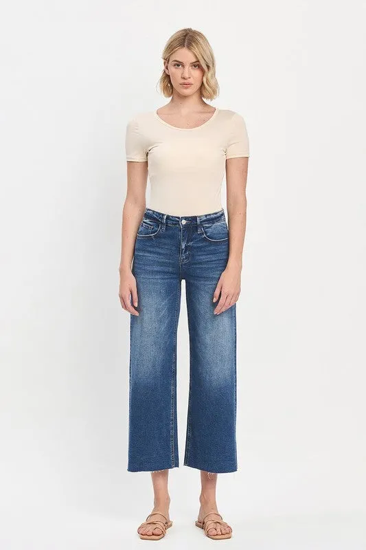 HIGH RISE RAW HEM CROP WIDE LEG JEANS