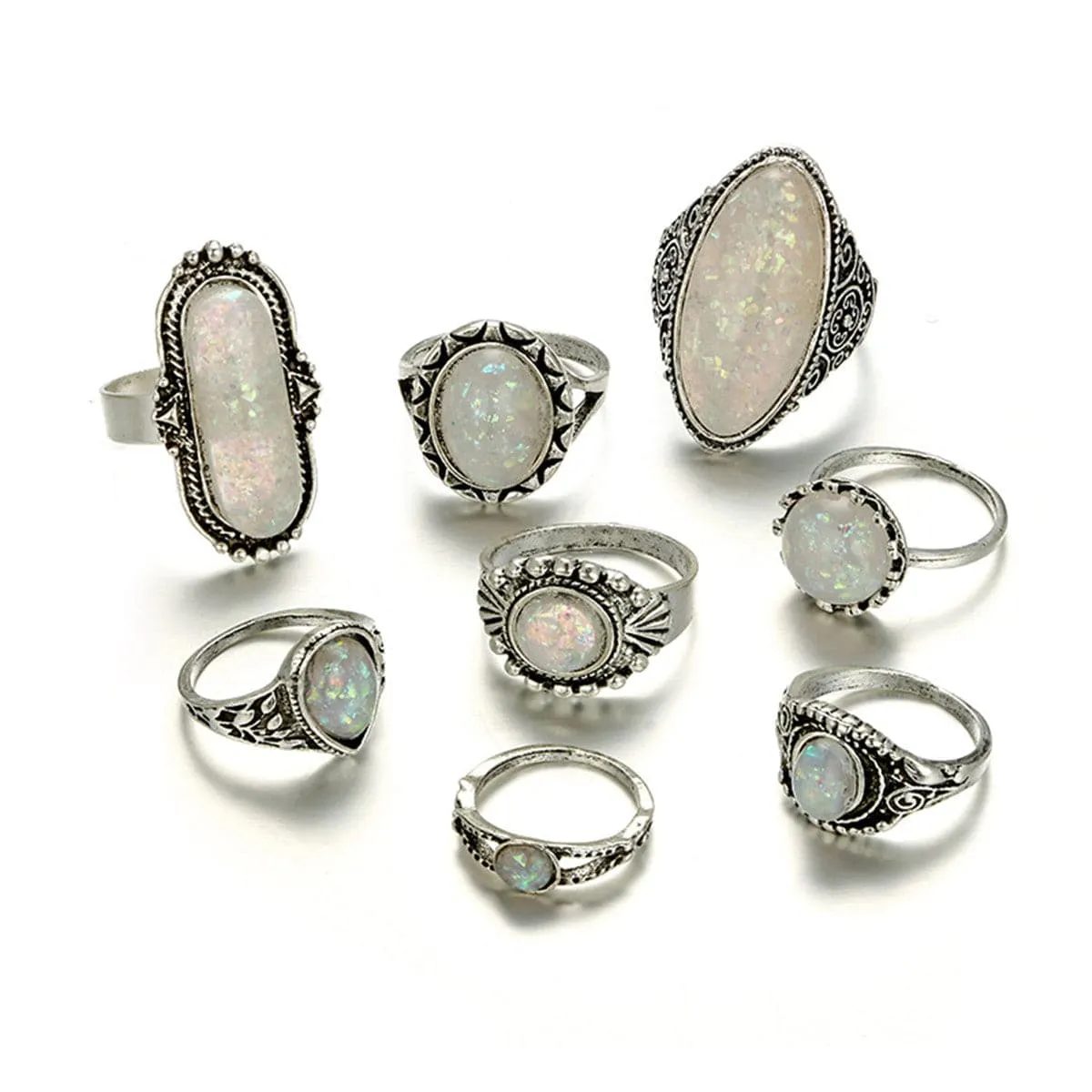 Iridescent & Silver-Plated Long Oval Ring Set