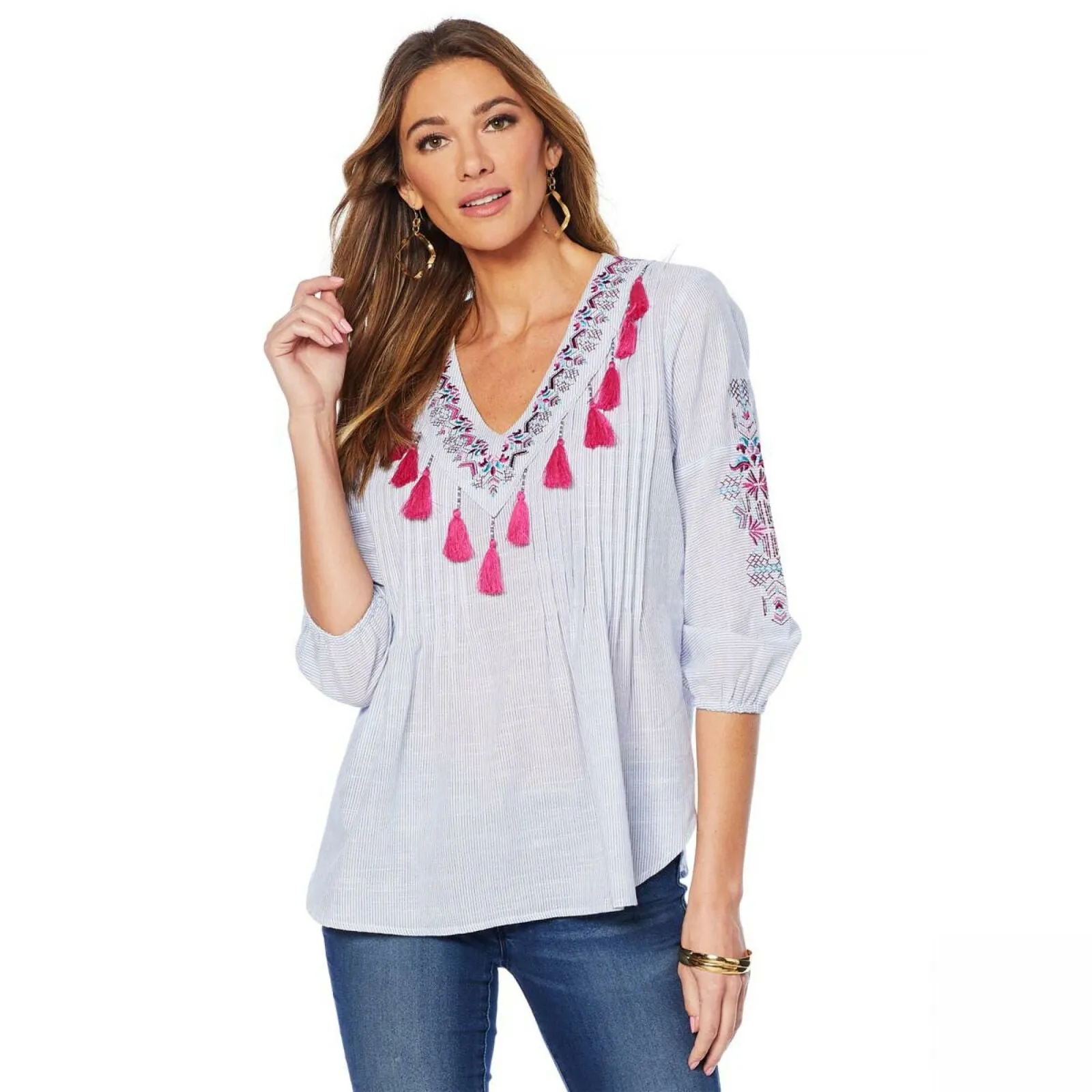 Jamie Gries Women's Pintuck Pleated Embroidered Tassel Top
