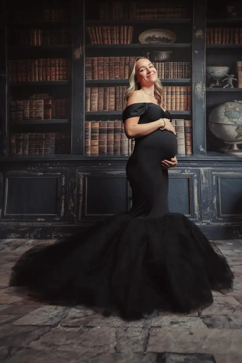 Kate Blue Off Shoulder Satin Maternity Photoshoot Dress