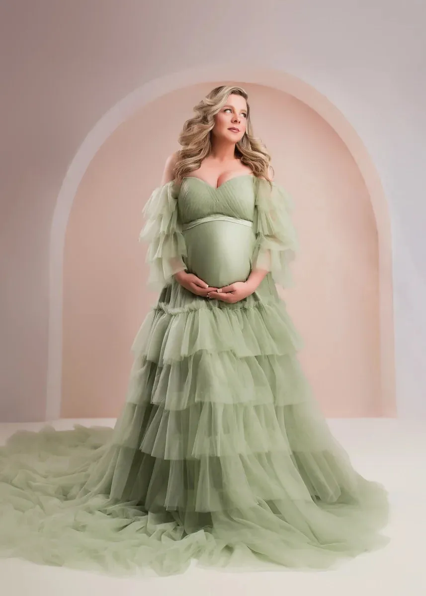 Kate Off Shoulder Pregnancy Mesh Blue Maternity Photoshoot Dress