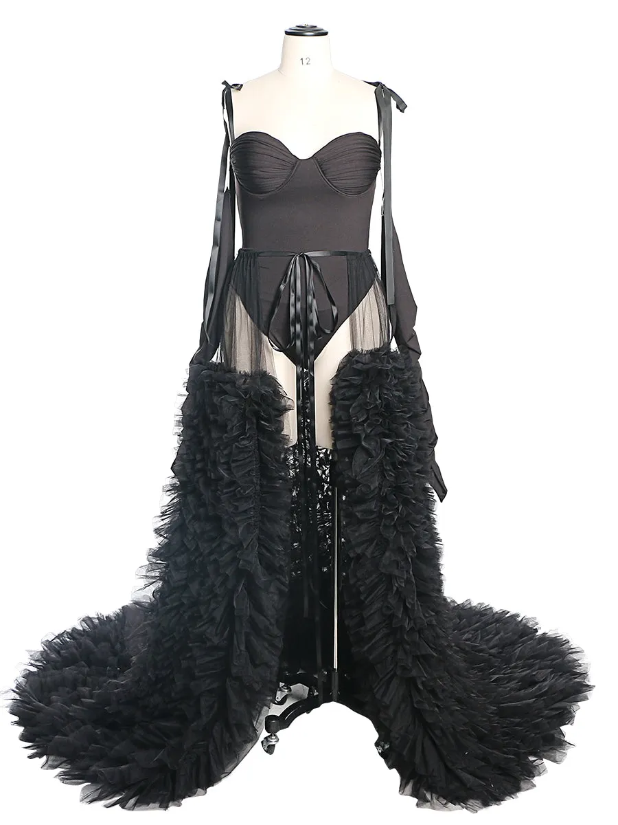 Maternity Photography Props Bodysuit Long Sleeves with Detachable Train Maternity Photo Shoot Jumpsuit Stretch YEWEN YW221110