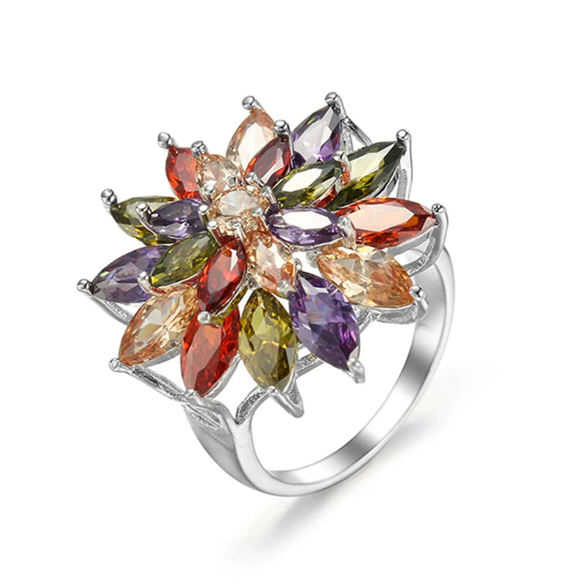 Multicolor Crystal & Silver-Plated Flower Ring