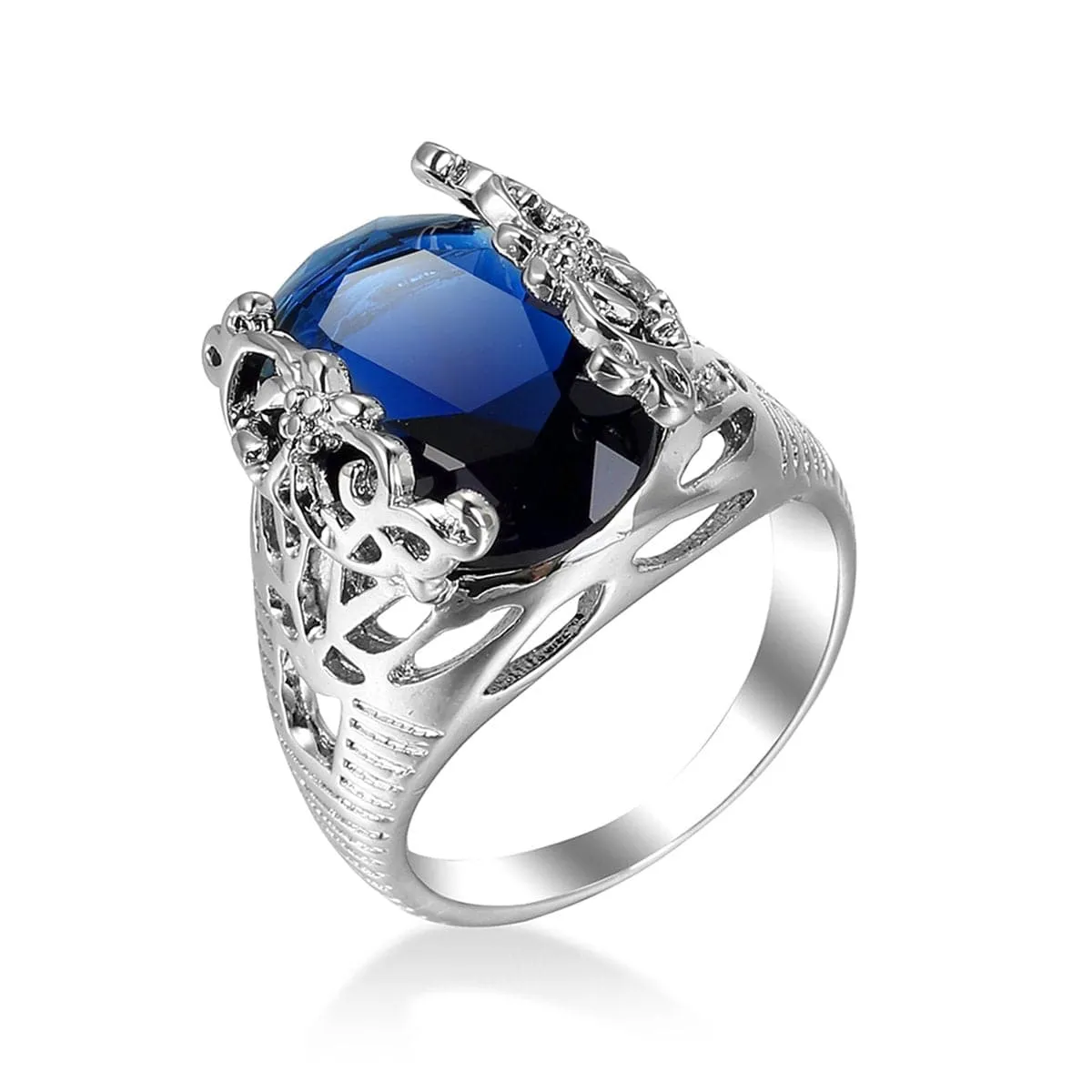 Navy Crystal & Silver-Plated Oval Ring