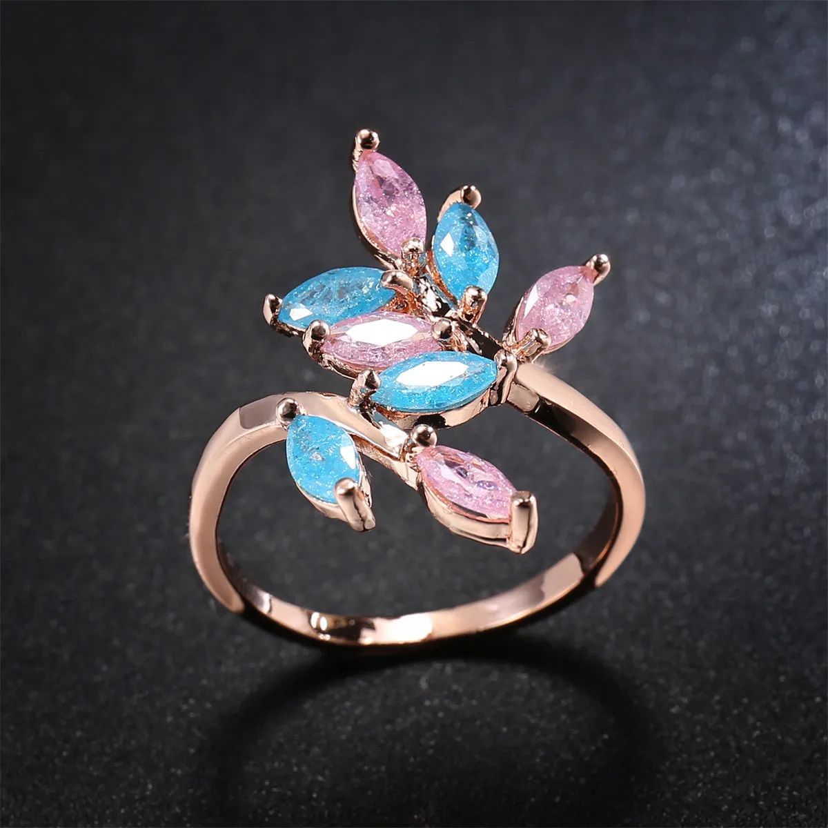 Pink & Blue Crystal 18K Rose Gold-Plated Leaves Bypass Ring