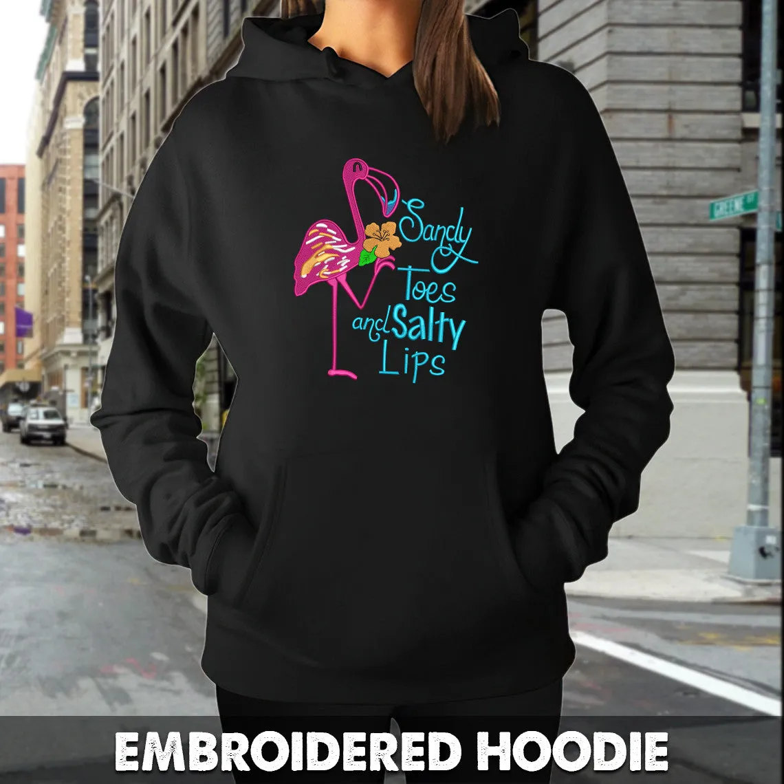 Sandy Toes and Salty Lips Flamingo Embroidered Sweatshirt   Hoodie