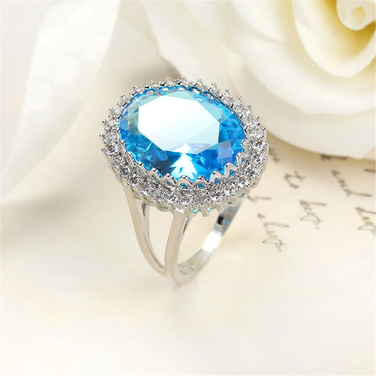 Sea Blue Crystal & Cubic Zirconia Oval-Cut Ring