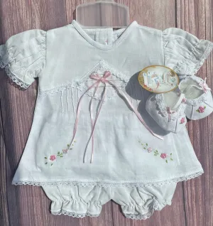 Will'beth Girls White & Pink Diamond Pintuck Ribbon 3pc Dress Newborn