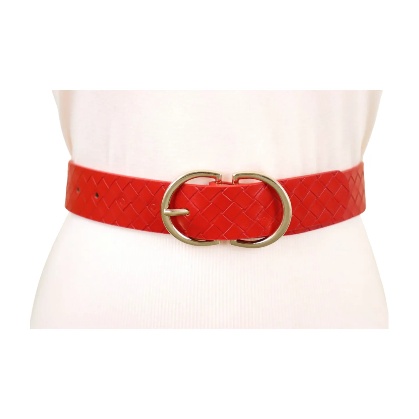 Women Red Basket Weave Faux Leather Hip Waist Belt Gold Metal Buckle Size S M