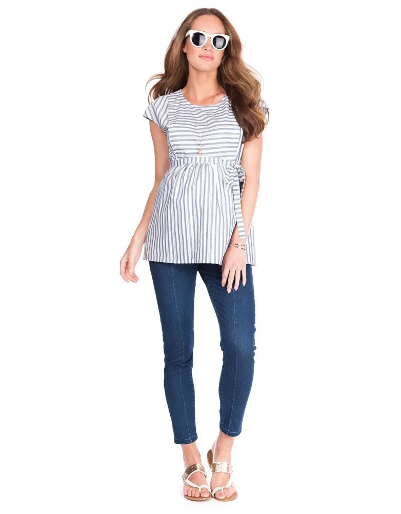 Women's Cotton white and navy Stripe Maternity & Nursing Top - Seraphine