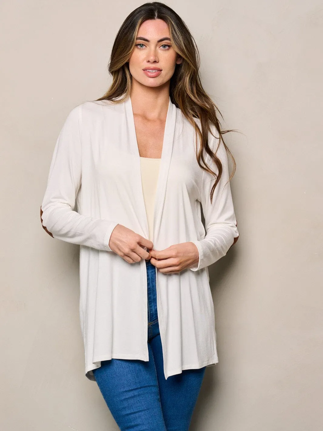 WOMEN'S LONG SLEEVE ELBOW PATCHED OPEN FRONT SOLID CARDIGAN